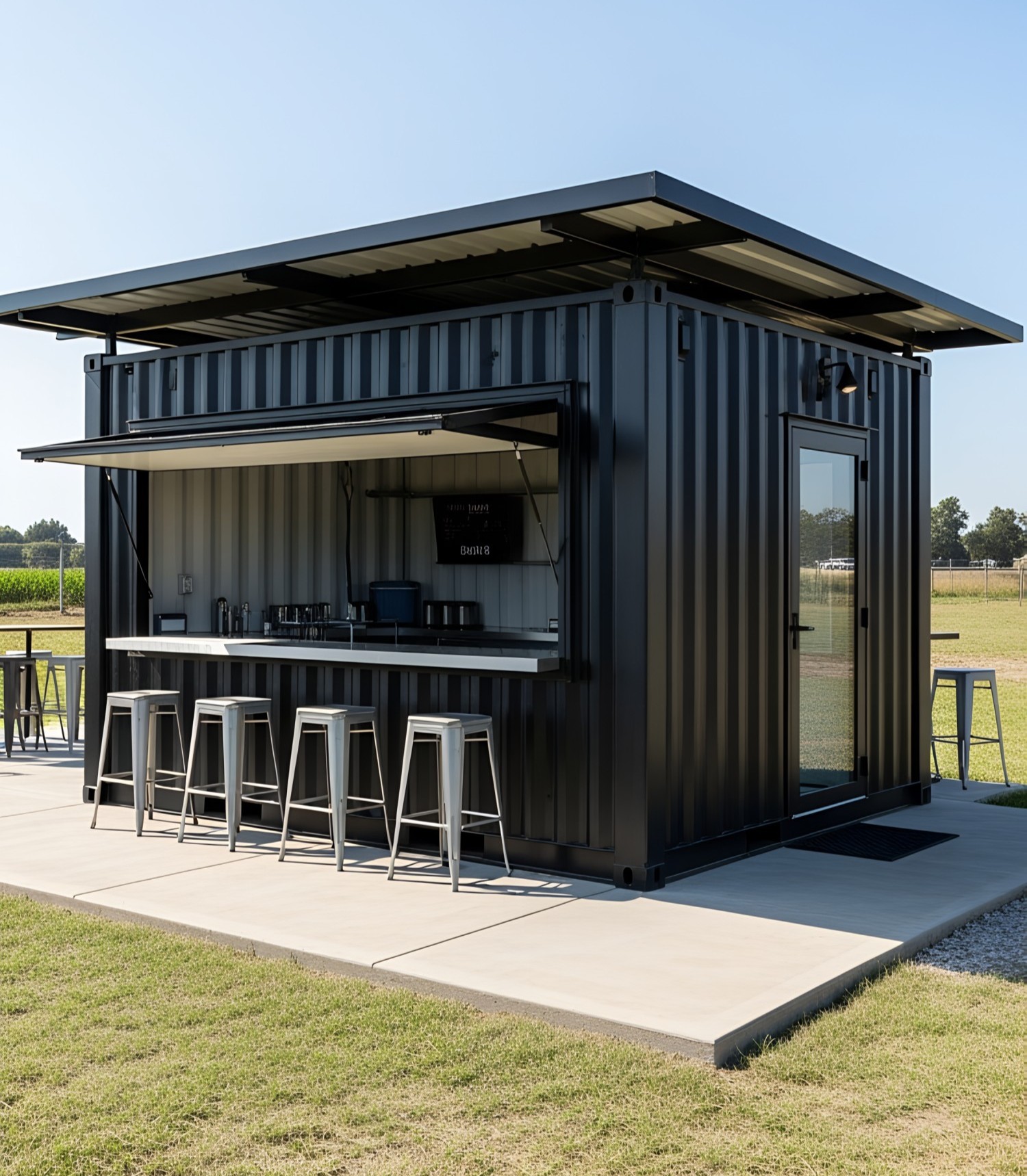 container-bar-rectangular-single-story-facade-vertical-corrugated-metal-siding-in-matte-black-compact-box-shaped-structure-steel-construction-flat-metal-roof-with-slight-overhang-large-open-ser - Copy